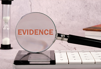A magnifying glass focuses on the word 'EVIDENCE' next to an hourglass and keyboard, emphasizing the importance of documentation in legal matters.