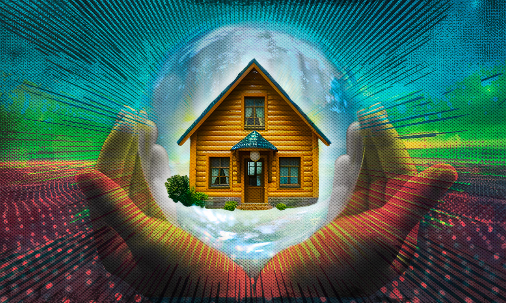 Hands encircle a wooden house within a protective bubble, symbolizing homestead protection safeguarding a family’s residence from financial threats.