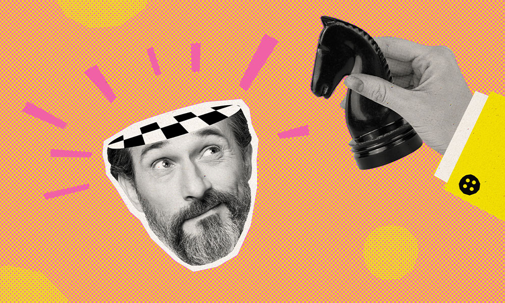 A surreal collage features a man's face with an open checkered top, suggestive of a brain. A hand holding a large black chess knight hovers nearby, representing strategic estate planning.