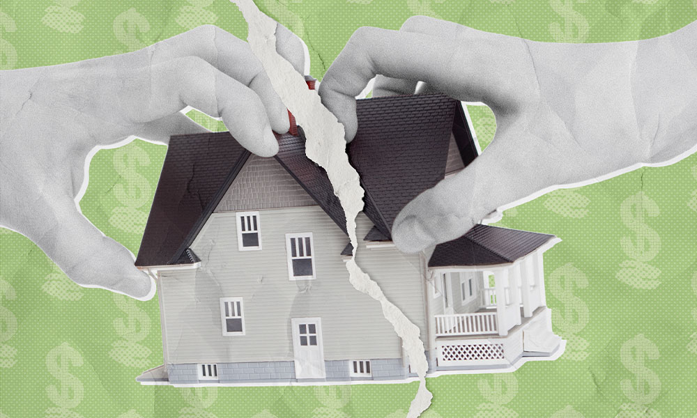Two hands tear apart a small model house, set against a green background with faint dollar signs.