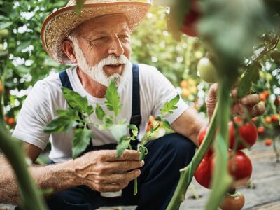 Farm - Senior farmer checking his tomato plants