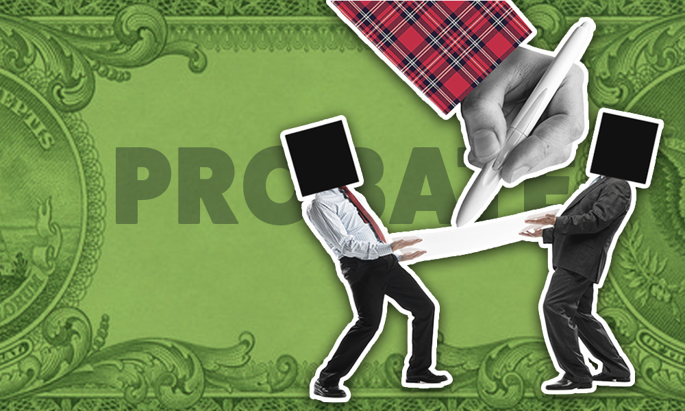 Two people throwing their hands up with confusion with Probate in the background