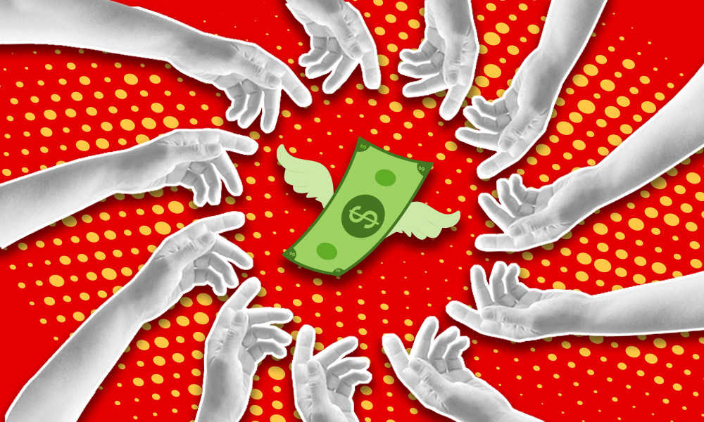 a circle of hands reaching for a dollar bill with wings