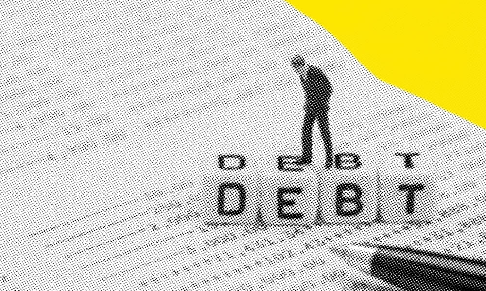 A monochromatic image of a lone figure standing on top of letter blocks spelling “DEBT,” placed on a blurred, slightly skewed document or ledger paper evokes the challenges of estate planning. The top right corner of the image is highlighted in yellow, and a pen lies nearby.