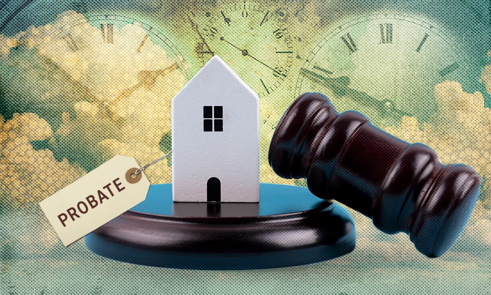 A miniature house on a judge's gavel stand with a 'PROBATE' tag, set against a background of clock faces, symbolizing the time, legal complexities, and property concerns involved in the probate process.