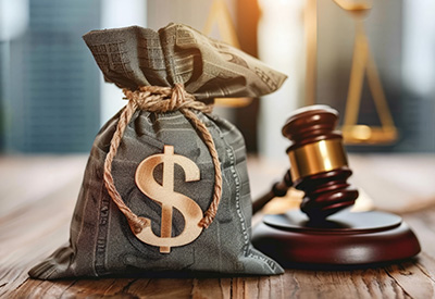 A money bag with a dollar sign sits next to a judge's gavel, symbolizing legal and financial aspects of estate administration.