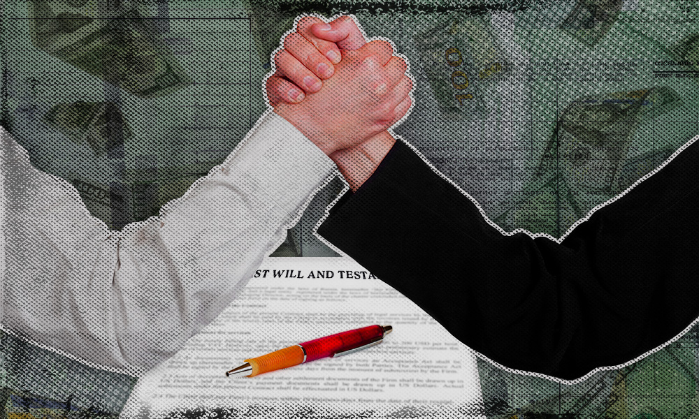 Two arms wrestling over a last will and testament document, symbolizing the conflict and struggle involved in contesting a will.