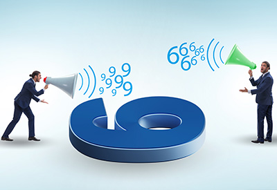 Two businessmen speaking through megaphones at a large blue number 6, illustrating potential incorrect assumptions about inheritance rights.