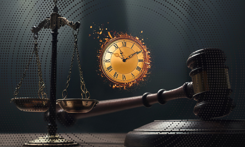A gavel and scales of justice are placed on a table, with a clock surrounded by sparks in the background