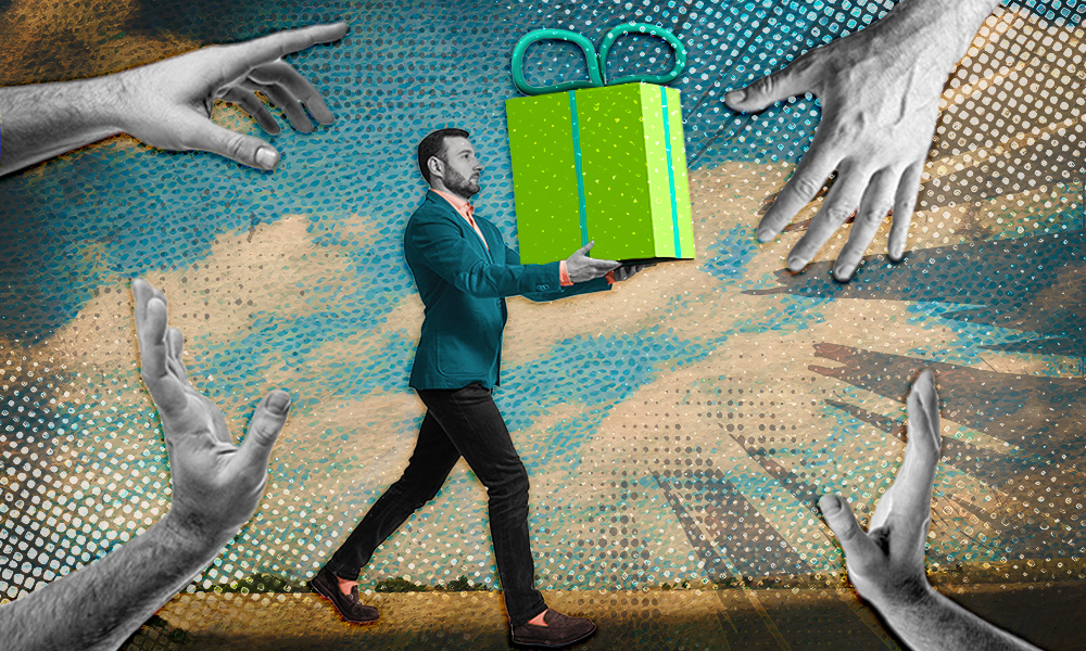 A man in a teal suit walking with a bright green gift box while surrounded by reaching hands
