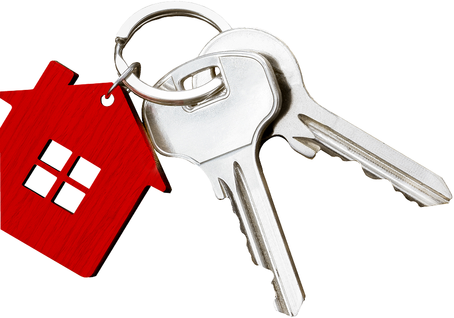 two keys with a keyring and a house attached to the keyring also