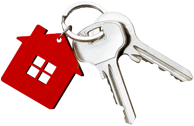 two keys with a keyring and a house attached to the keyring also