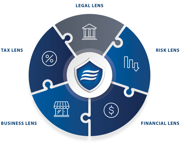 Graphic depicting a circular puzzle divided into five segments, each representing a different perspective: Legal Lens, Risk Lens, Financial Lens, Business Lens, and Tax Lens. At the center is a shield icon with wavy lines.