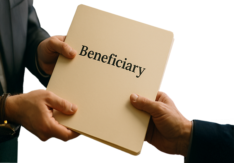 a set of hands passing a folder labeled beneficiary to another persons hand