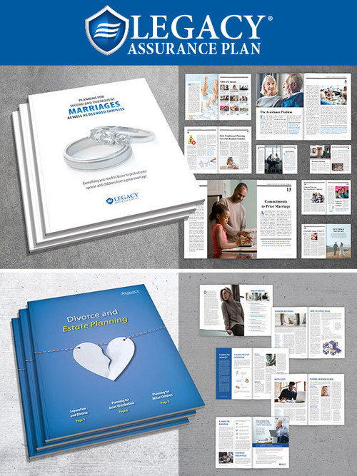 Informational books from Legacy Assurance Plan about planning for blended marriages and planning after a divorce