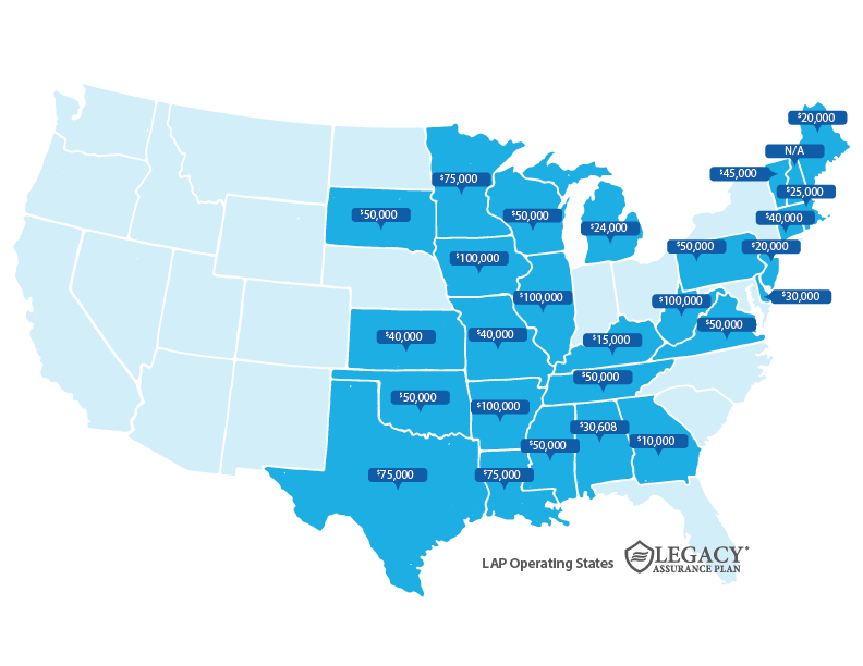 A state map showing the states serviced by Legacy Assurance Plan and that state's probate threshold